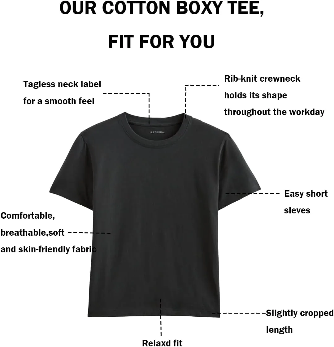 MetHera Women's 100% Cotton Crew Neck T-Shirt - Soft Relaxed Fit Box Cut Casual Tee