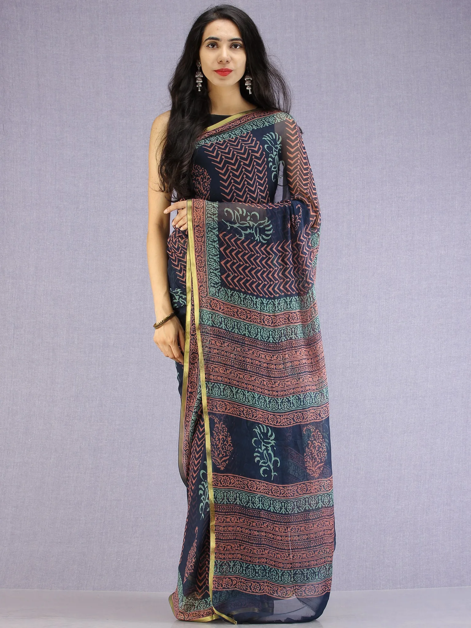 Navy Pink Teal Hand Block Printed Chiffon Saree with Zari Border - S031704600