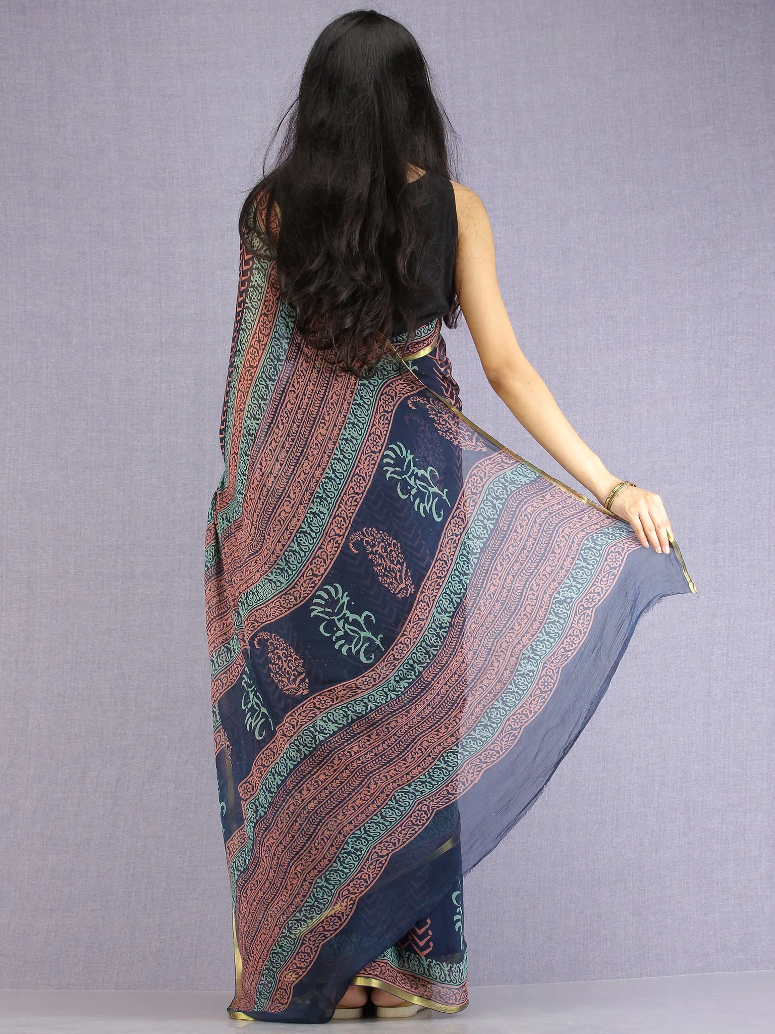 Navy Pink Teal Hand Block Printed Chiffon Saree with Zari Border - S031704600
