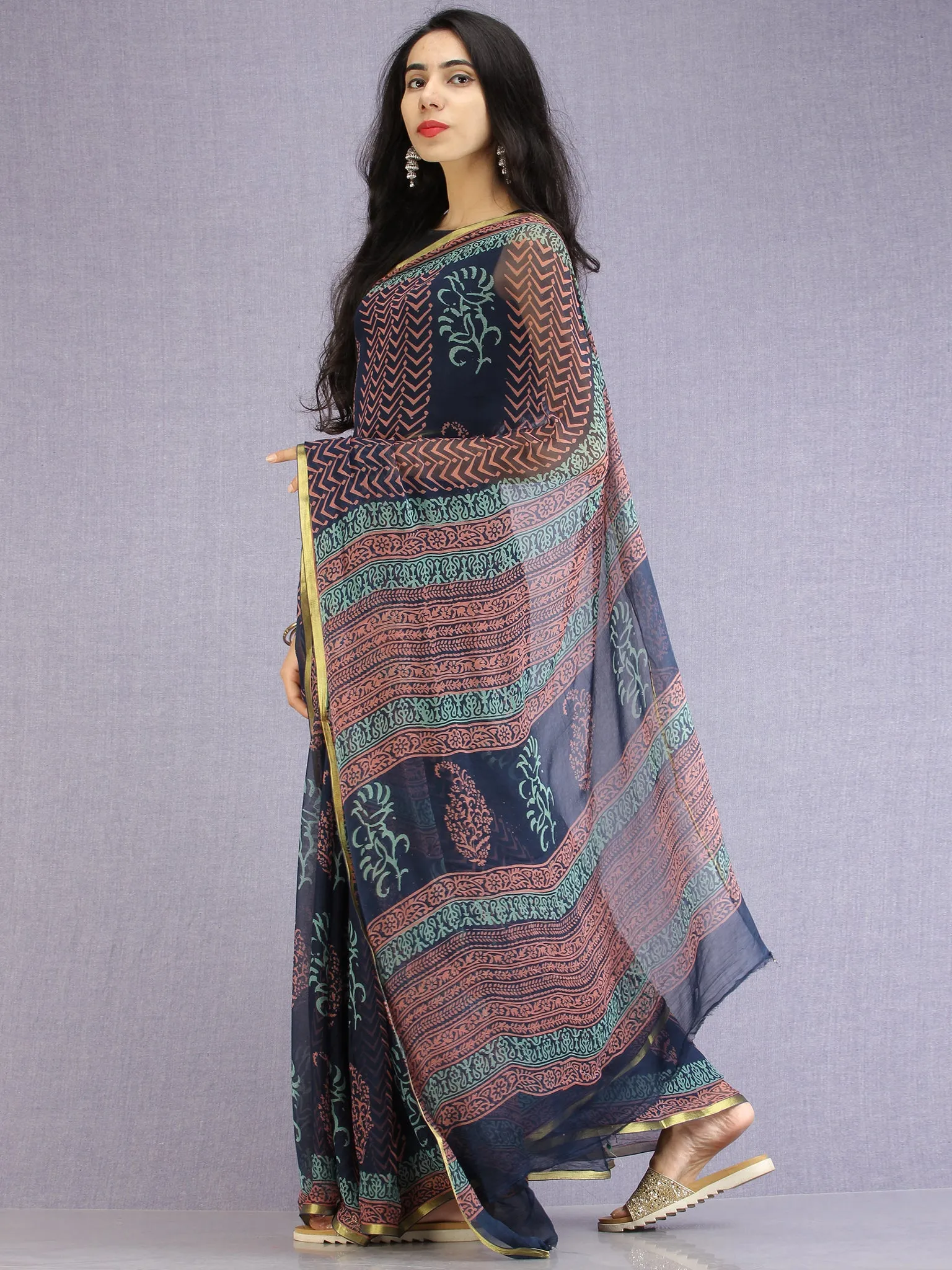 Navy Pink Teal Hand Block Printed Chiffon Saree with Zari Border - S031704600