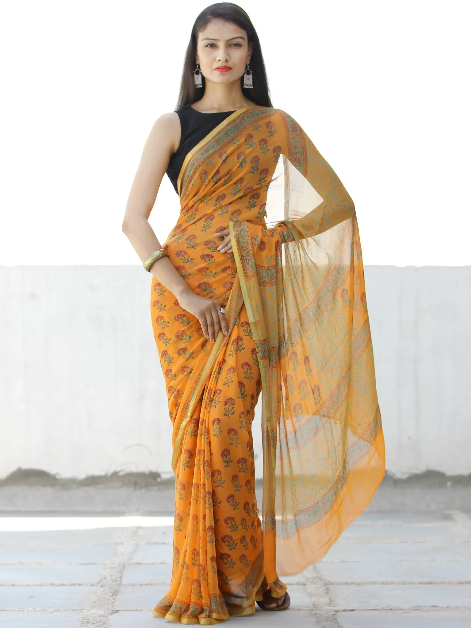 Orange Red Green Hand Block Printed Chiffon Saree with Zari Border - S031703963