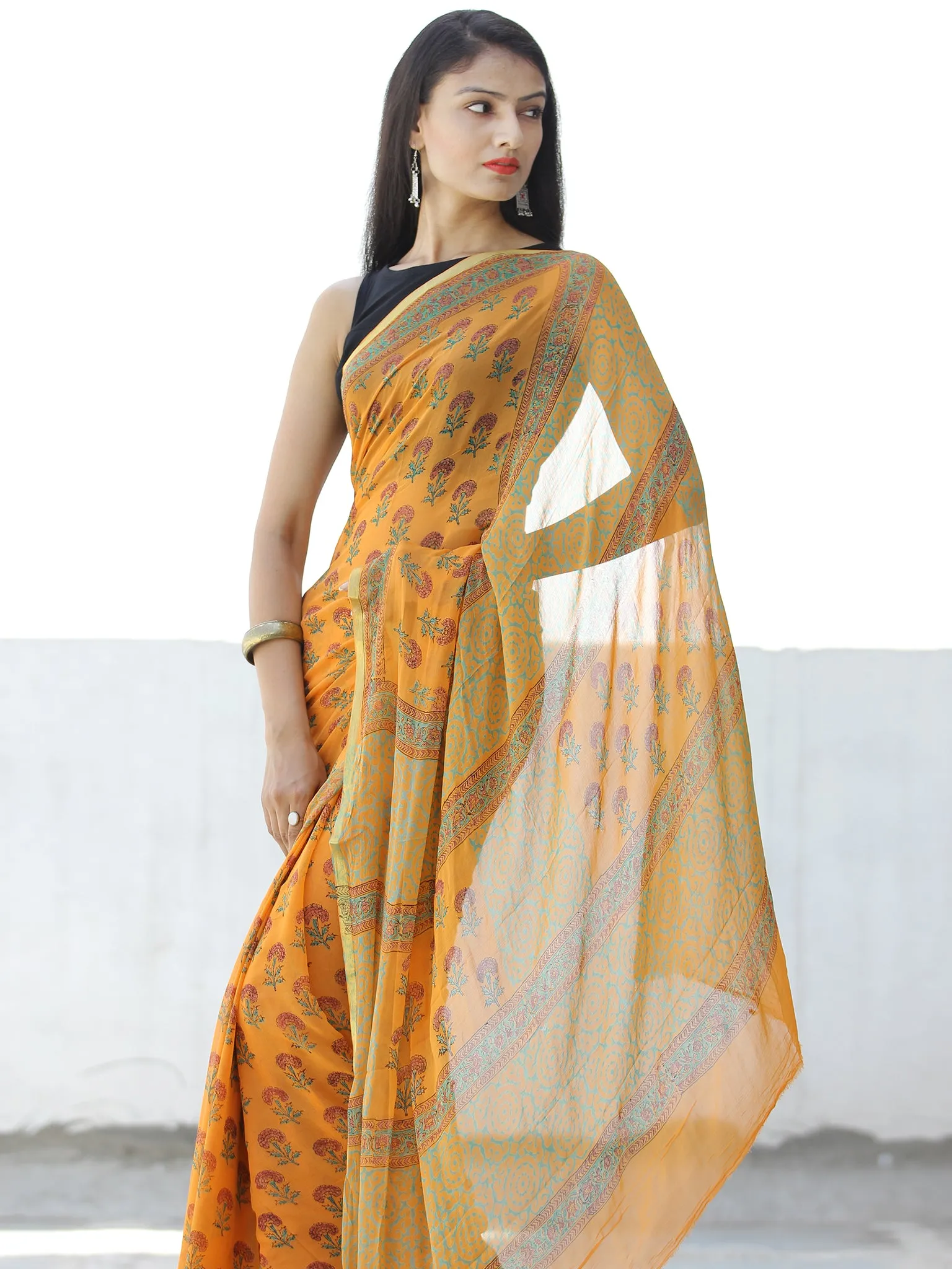 Orange Red Green Hand Block Printed Chiffon Saree with Zari Border - S031703963