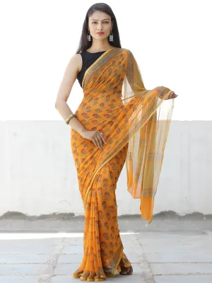Orange Red Green Hand Block Printed Chiffon Saree with Zari Border - S031703963