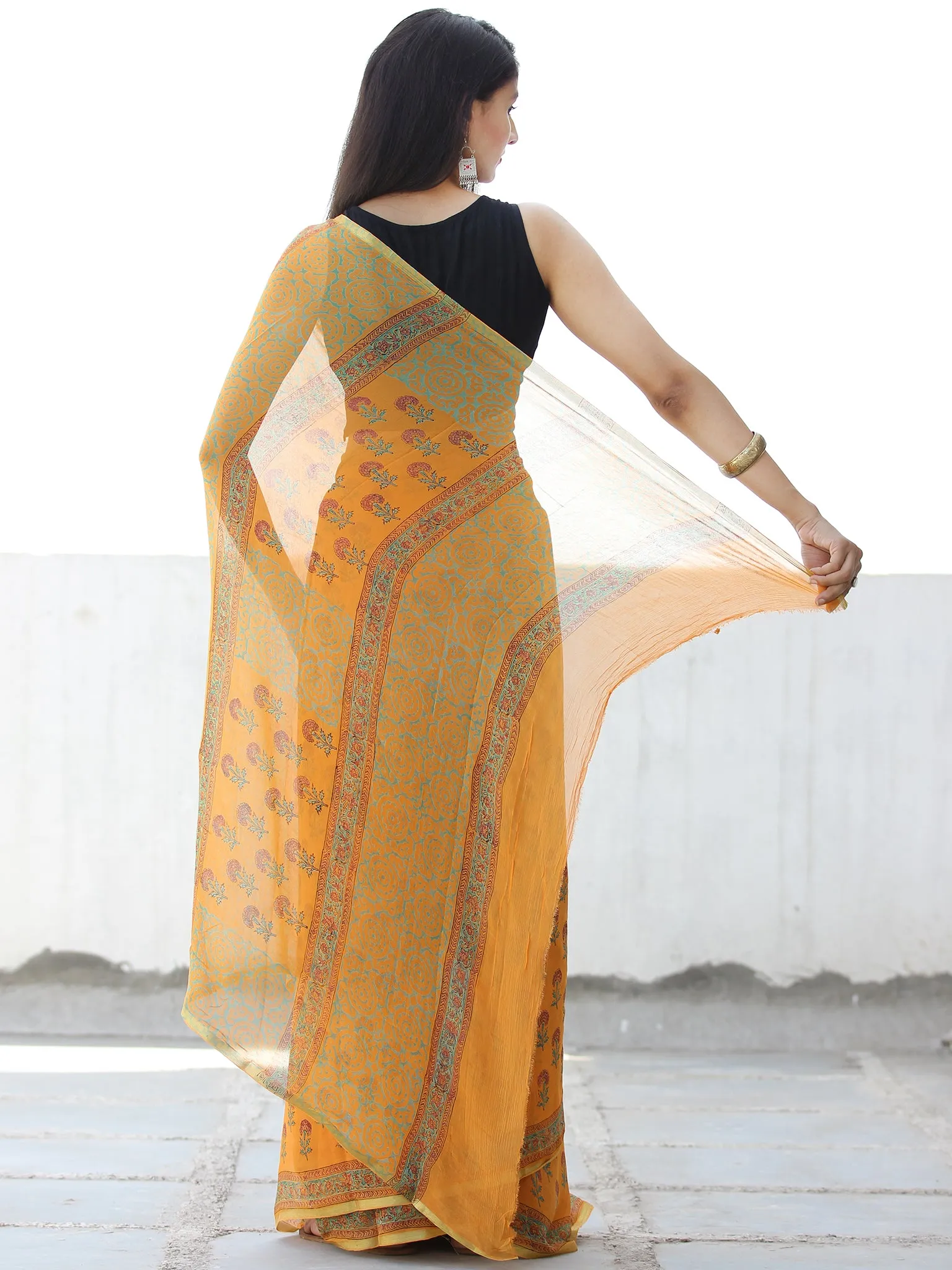 Orange Red Green Hand Block Printed Chiffon Saree with Zari Border - S031703963