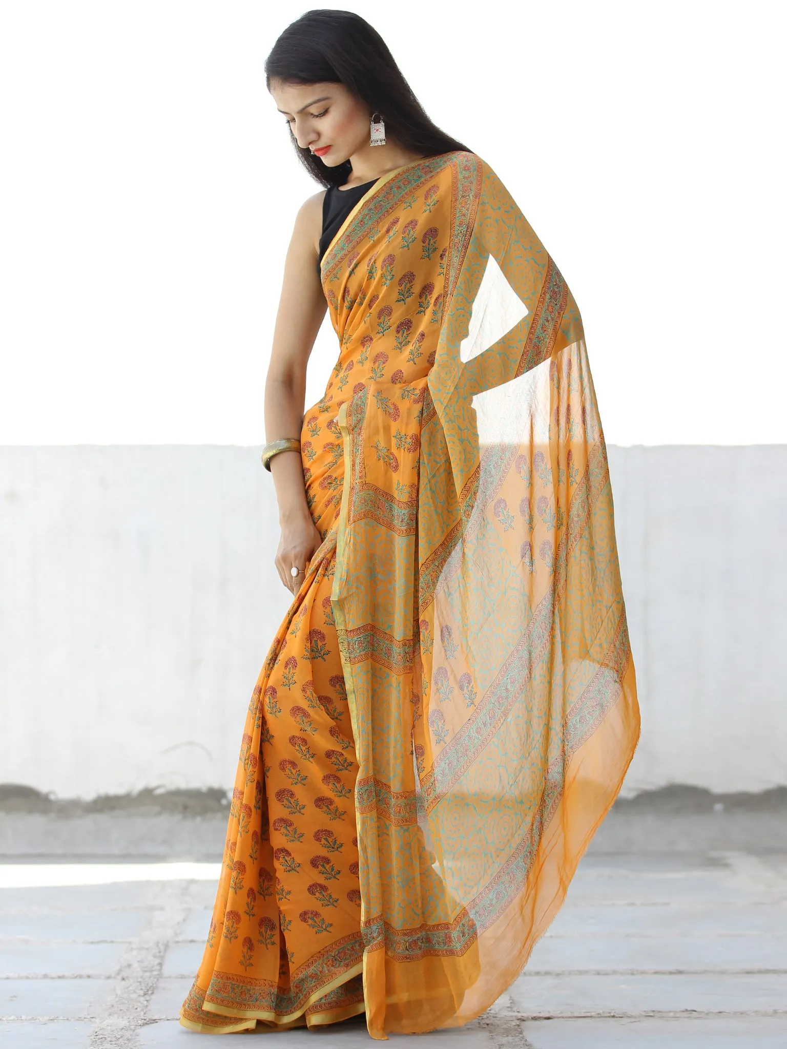 Orange Red Green Hand Block Printed Chiffon Saree with Zari Border - S031703963