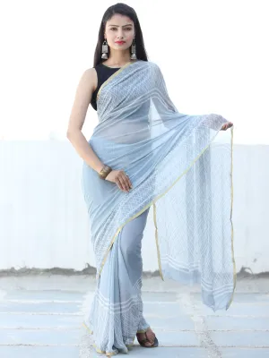 Pastel Blue White Hand Block Printed Chiffon Saree with Zari Border - S031703937