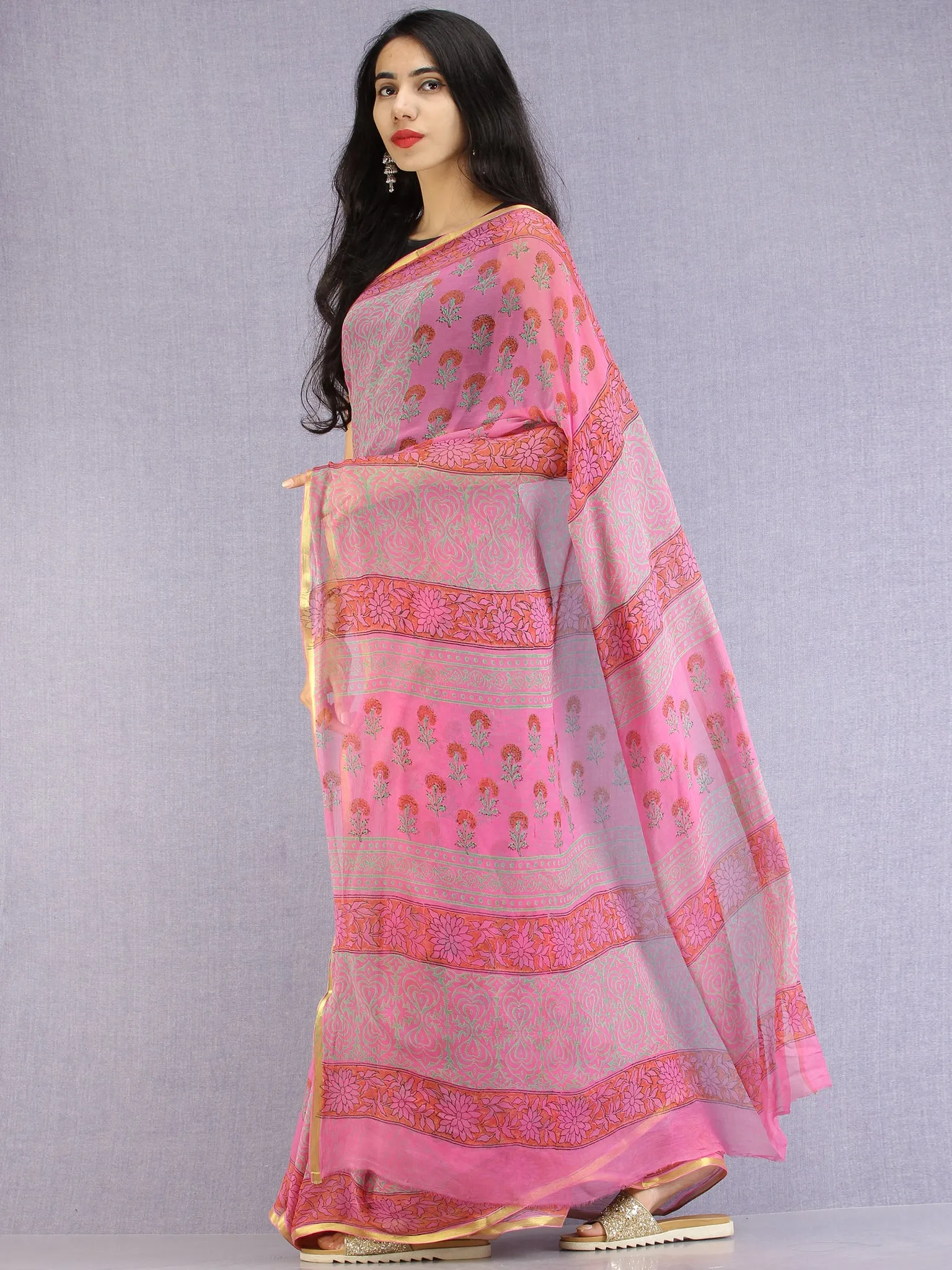 Pink Red Green Hand Block Printed Chiffon Saree with Zari Border - S031704612
