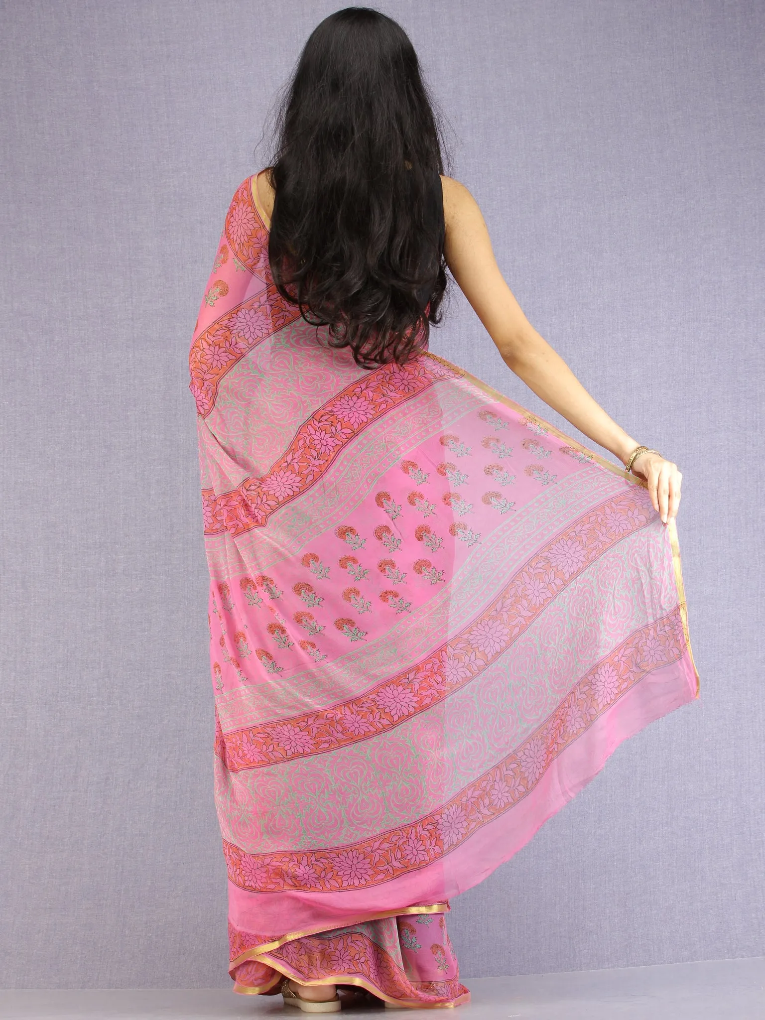 Pink Red Green Hand Block Printed Chiffon Saree with Zari Border - S031704612