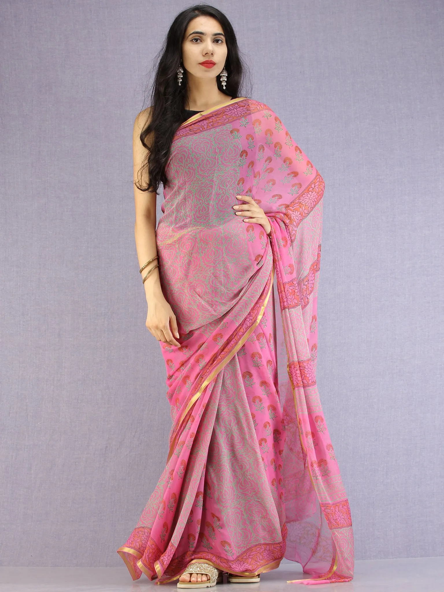 Pink Red Green Hand Block Printed Chiffon Saree with Zari Border - S031704612