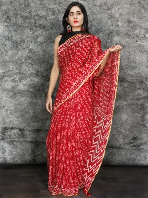 Red White Hand Block Printed Chiffon Saree with Zari Border - S031703118