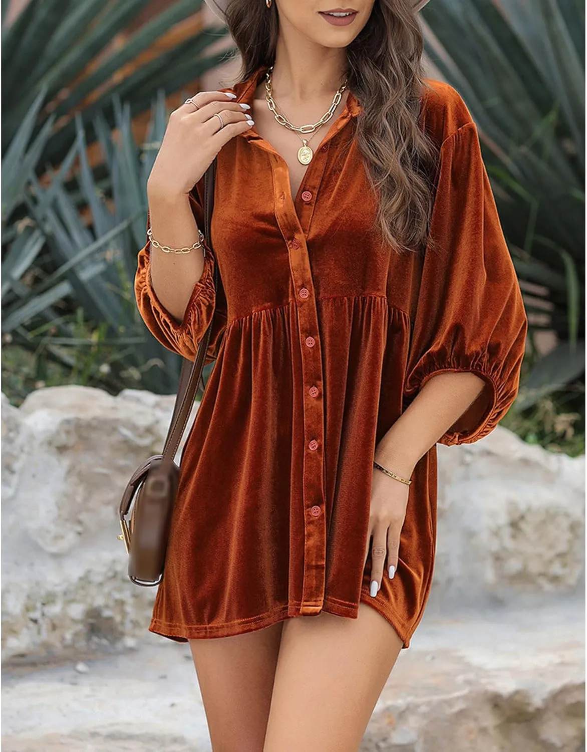 SOMTHRON Women's Velvet Babydoll Mini Dress Button Down T Shirt 3/4 Sleeve Lapel V Neck Tunic Tops
