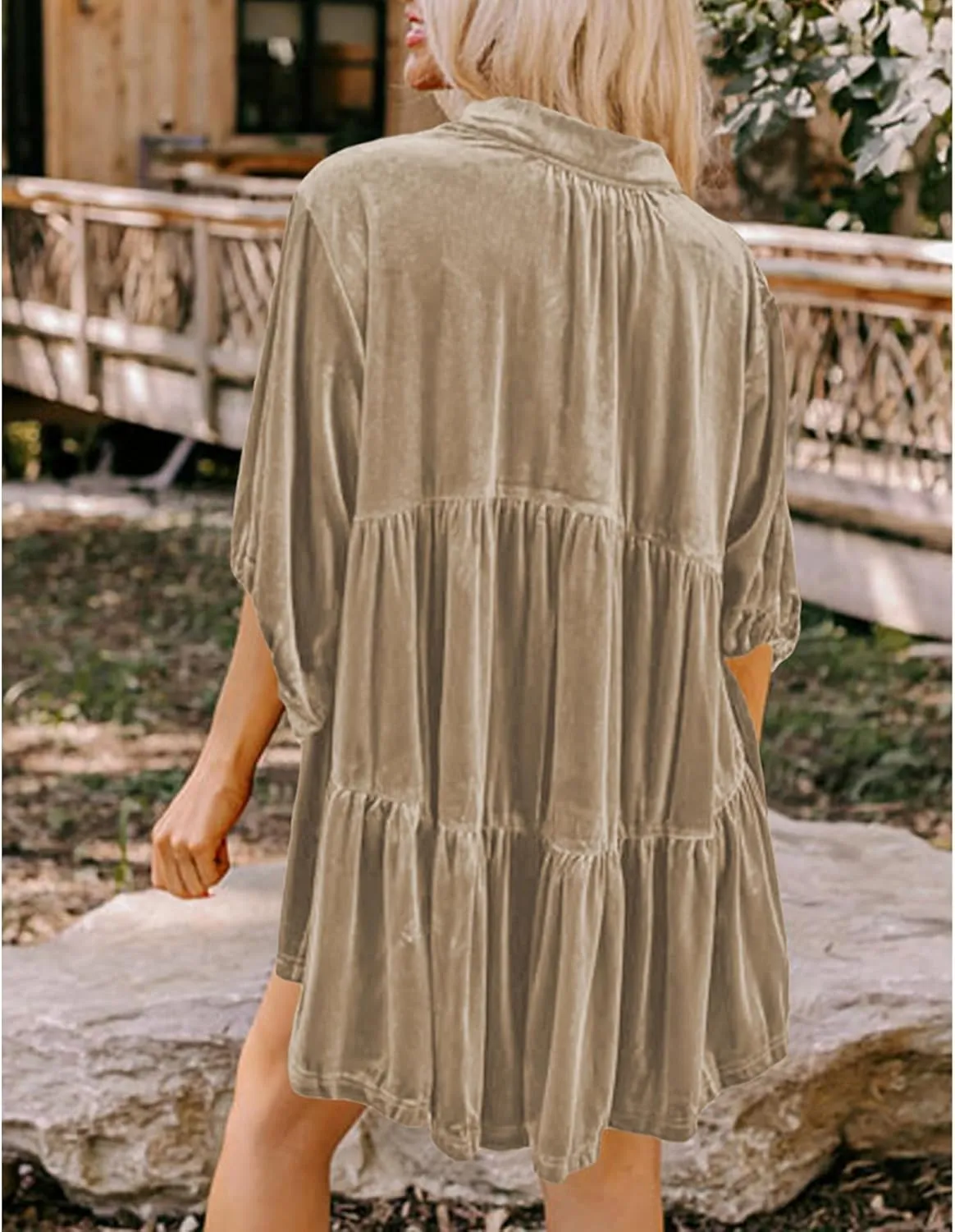 SOMTHRON Women's Velvet Babydoll Mini Dress Button Down T Shirt 3/4 Sleeve Lapel V Neck Tunic Tops