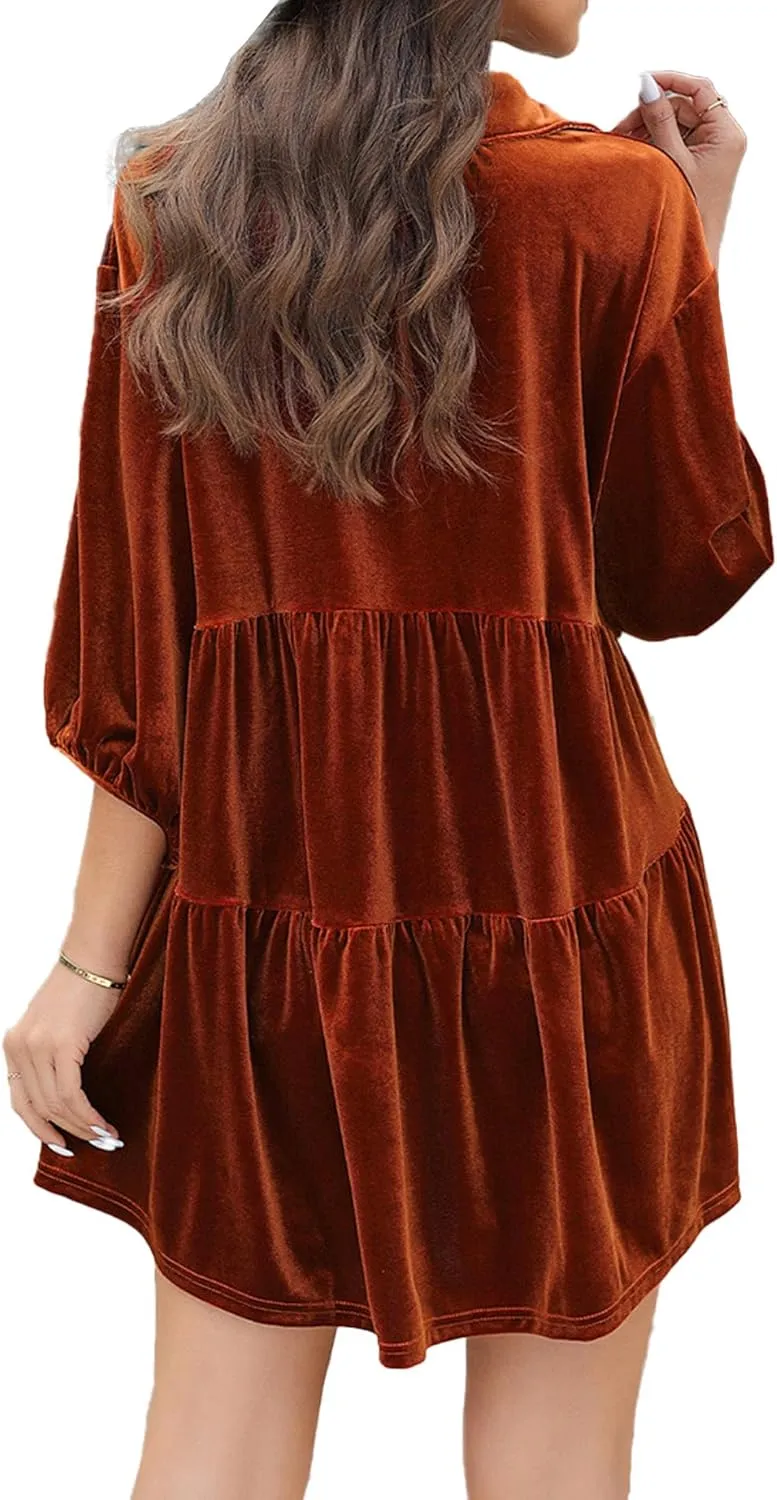 SOMTHRON Women's Velvet Babydoll Mini Dress Button Down T Shirt 3/4 Sleeve Lapel V Neck Tunic Tops