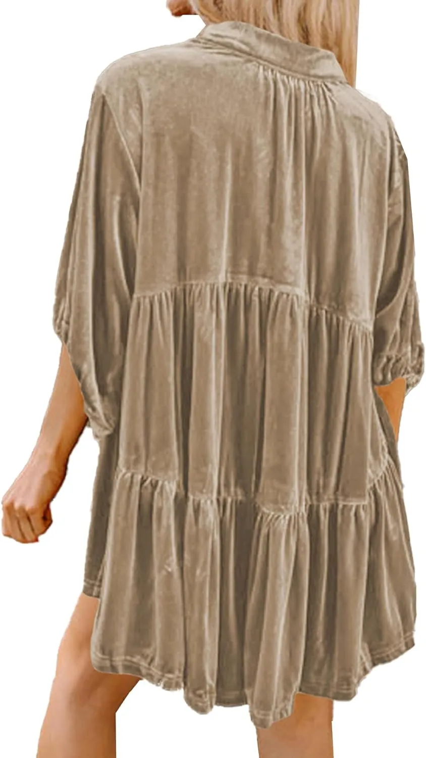 SOMTHRON Women's Velvet Babydoll Mini Dress Button Down T Shirt 3/4 Sleeve Lapel V Neck Tunic Tops