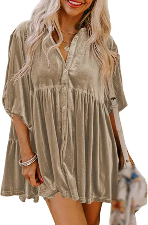 SOMTHRON Women's Velvet Babydoll Mini Dress Button Down T Shirt 3/4 Sleeve Lapel V Neck Tunic Tops