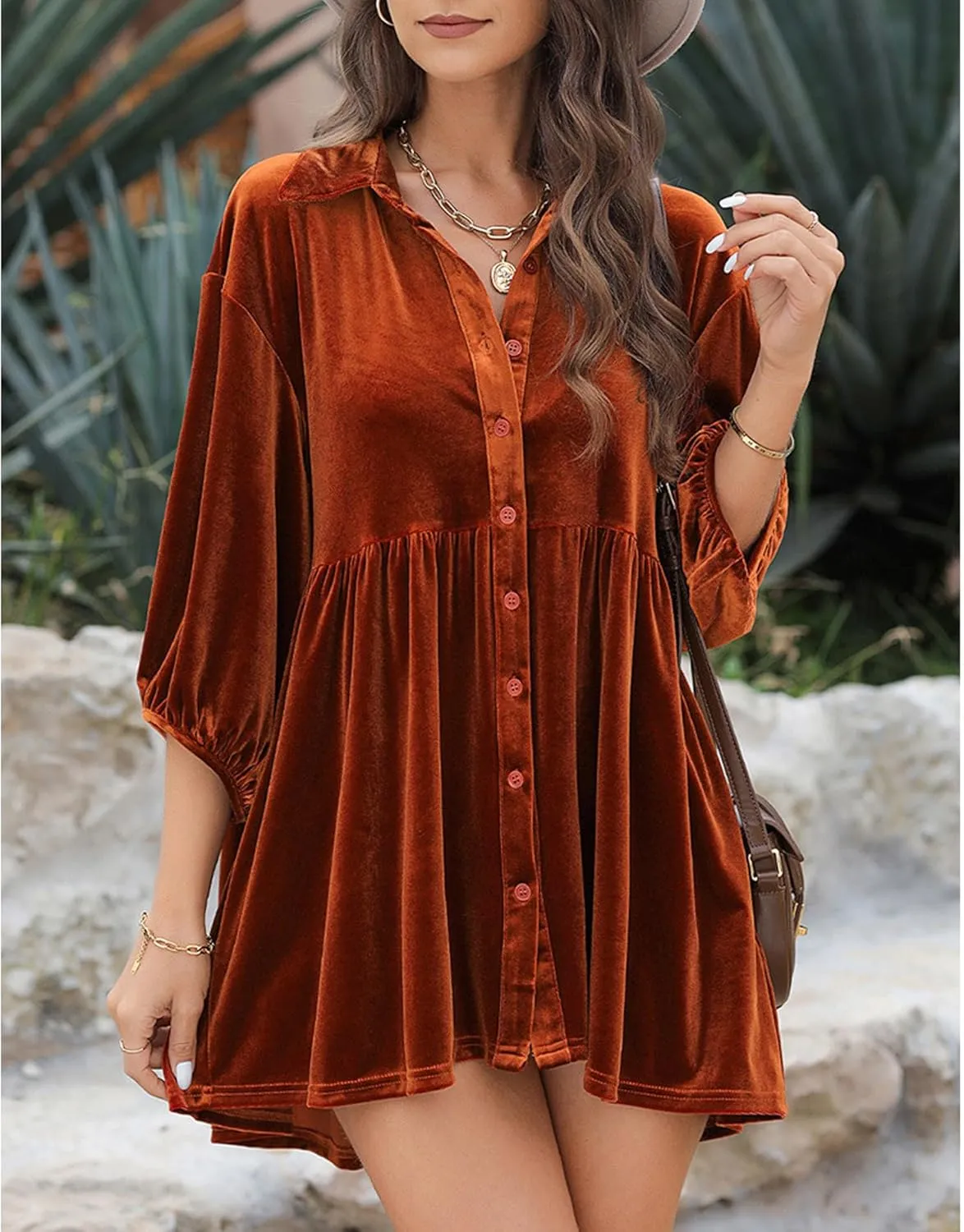 SOMTHRON Women's Velvet Babydoll Mini Dress Button Down T Shirt 3/4 Sleeve Lapel V Neck Tunic Tops