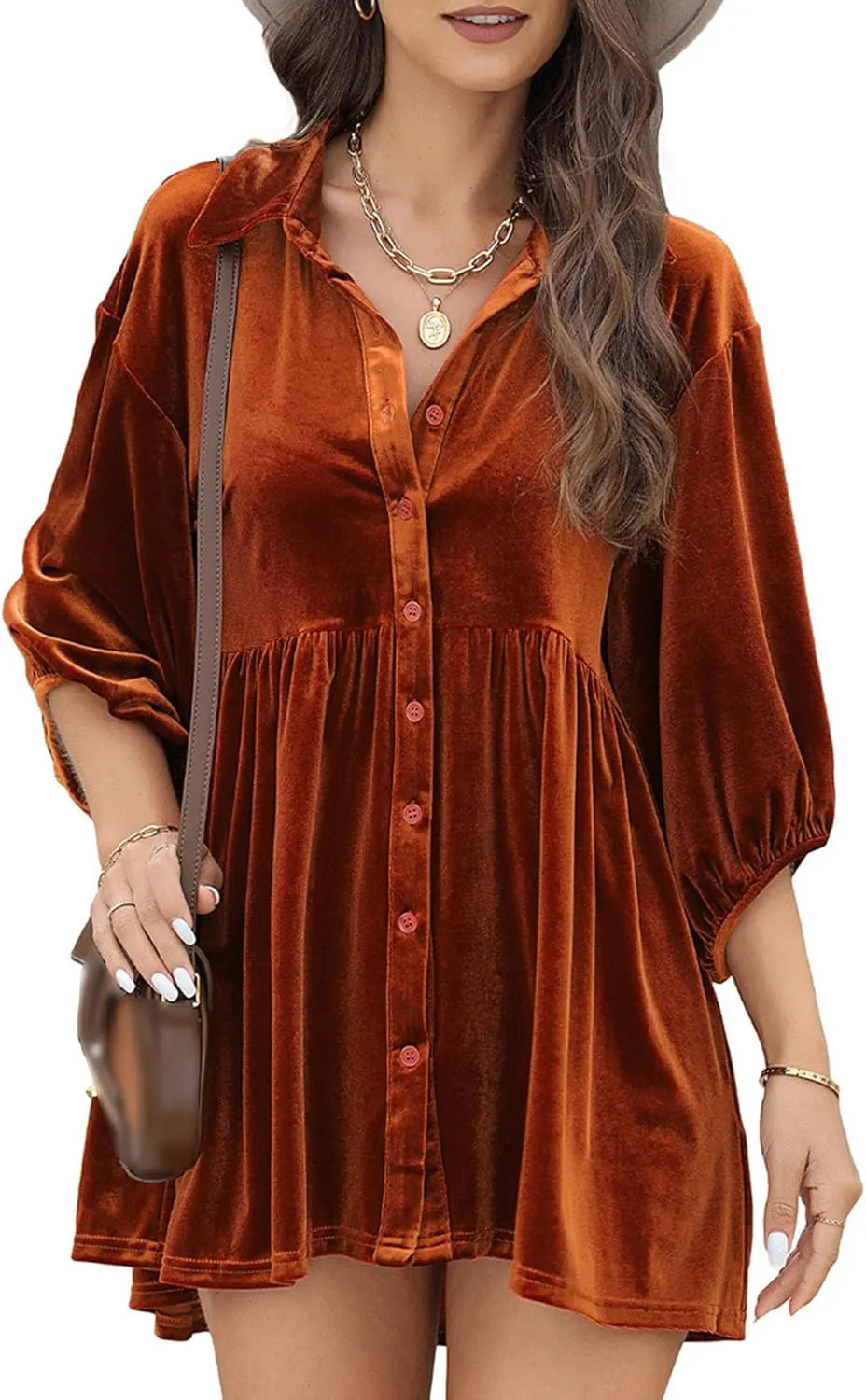 SOMTHRON Women's Velvet Babydoll Mini Dress Button Down T Shirt 3/4 Sleeve Lapel V Neck Tunic Tops