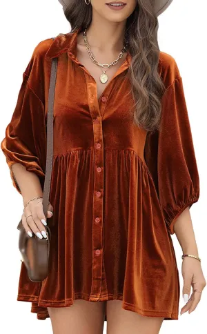 SOMTHRON Women's Velvet Babydoll Mini Dress Button Down T Shirt 3/4 Sleeve Lapel V Neck Tunic Tops