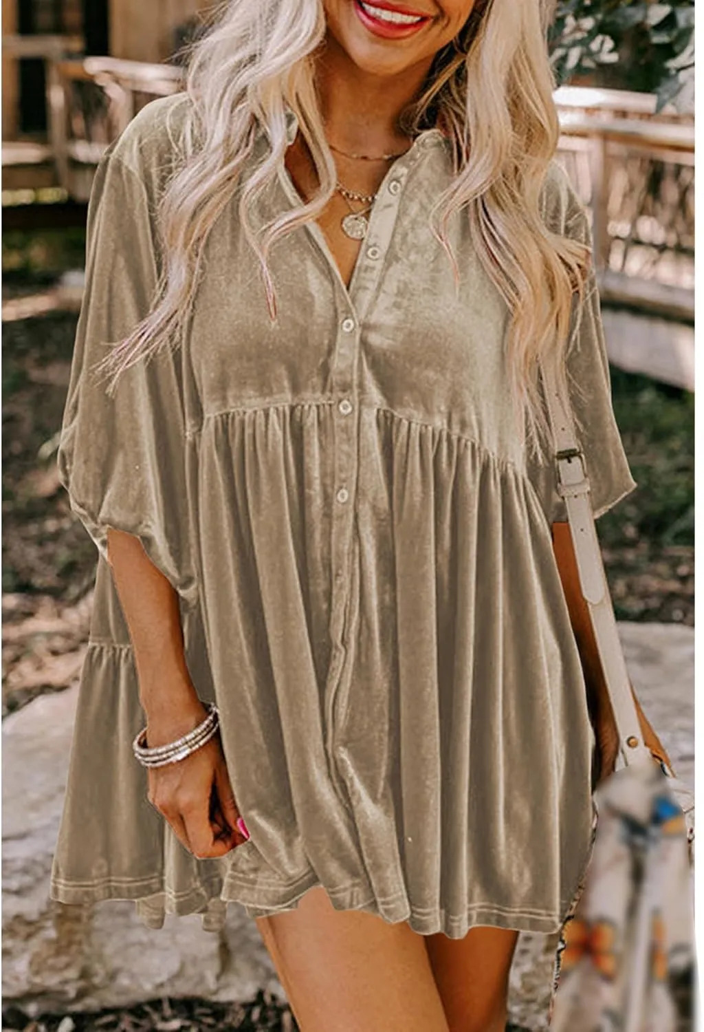 SOMTHRON Women's Velvet Babydoll Mini Dress Button Down T Shirt 3/4 Sleeve Lapel V Neck Tunic Tops