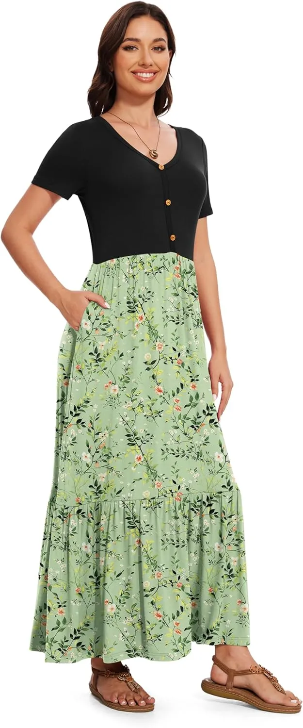 VIISHOW Women's Short Sleeve Maxi Dress 2025 Summer V Neck Knit Loose Plain Empire Waist Casual Dresses with Pockets