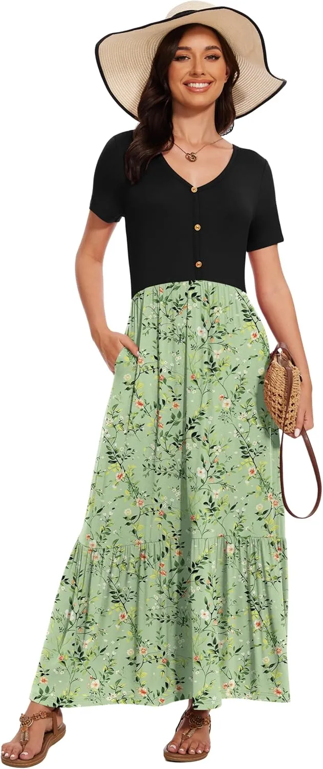 VIISHOW Women's Short Sleeve Maxi Dress 2025 Summer V Neck Knit Loose Plain Empire Waist Casual Dresses with Pockets
