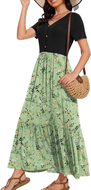 VIISHOW Women's Short Sleeve Maxi Dress 2025 Summer V Neck Knit Loose Plain Empire Waist Casual Dresses with Pockets