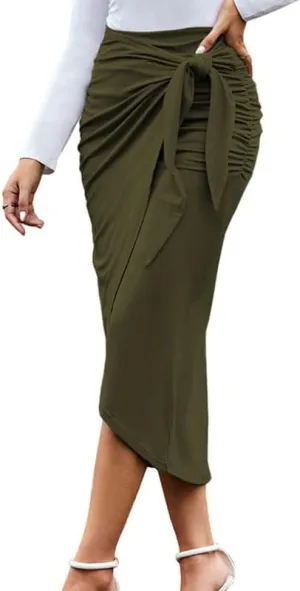 WISFRUIT Women's Maxi Skirt High Waist Ruched Pencil Long Skirts Casual Slit Bow Tie Wrap Skirt