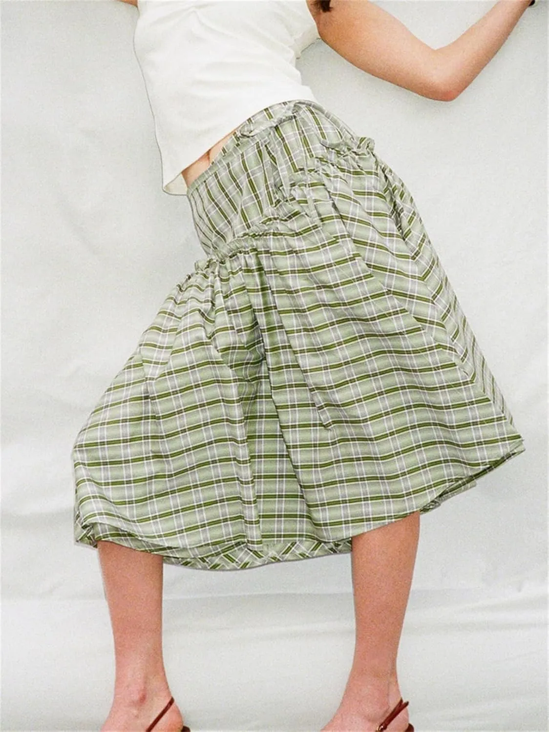 Women Plaid Maxi Skirts Y2K High Waist Vintage A-Line Pleated Gingham Academia Style Pleated Midi Skirts