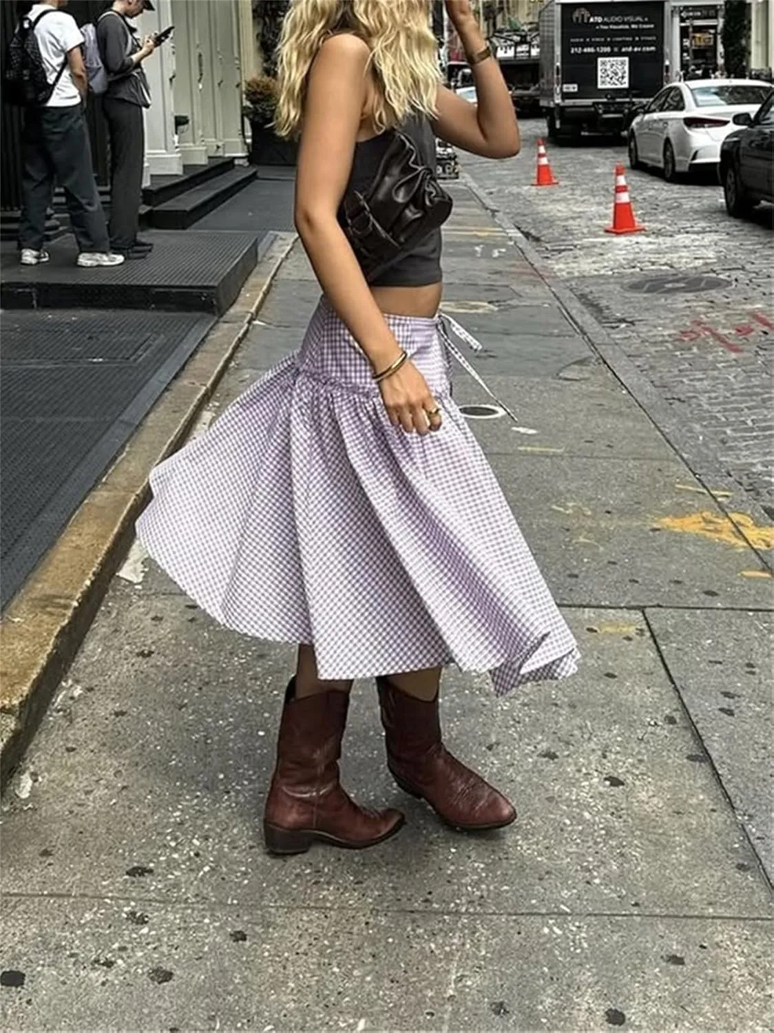 Women Plaid Maxi Skirts Y2K High Waist Vintage A-Line Pleated Gingham Academia Style Pleated Midi Skirts