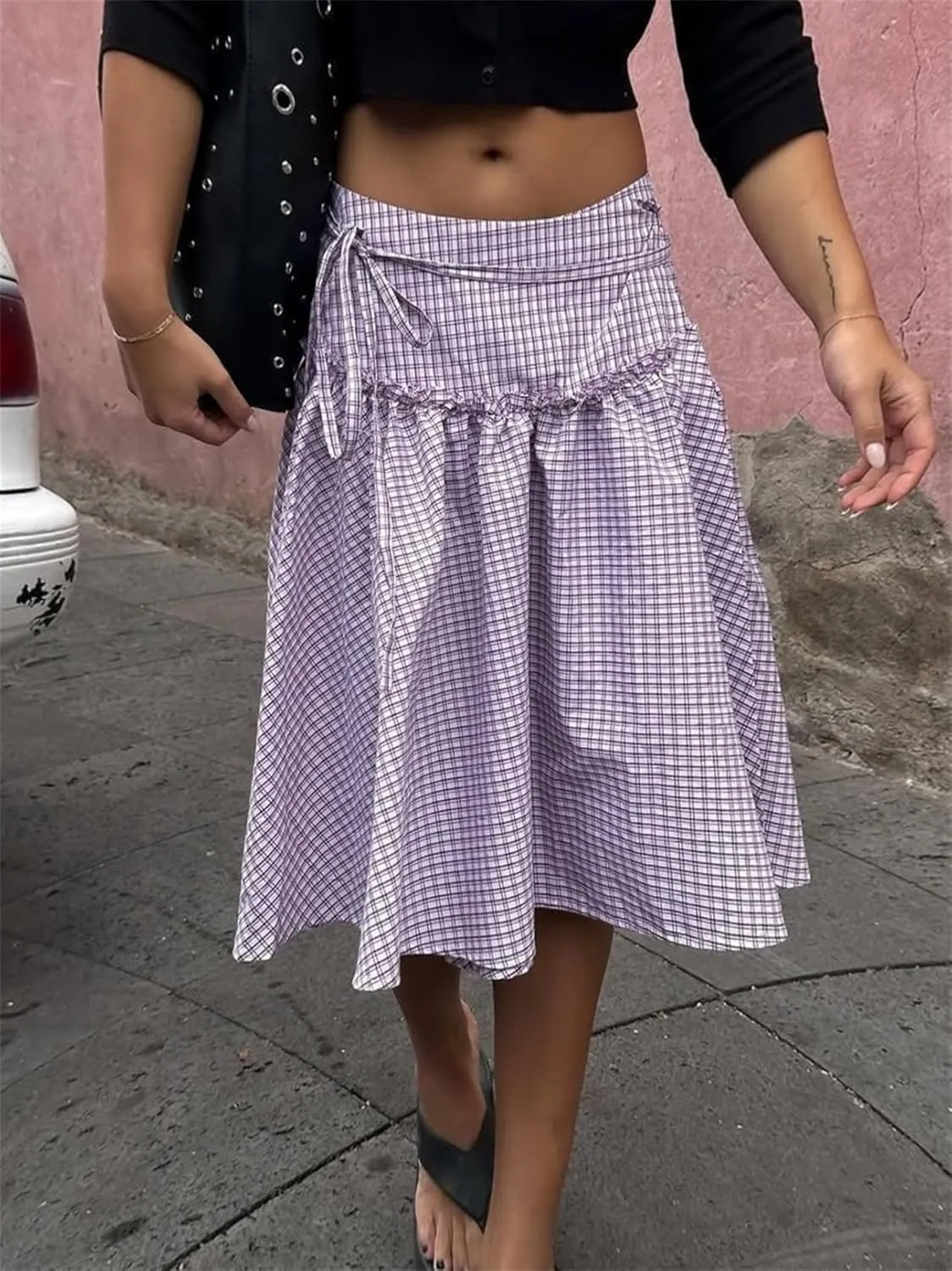 Women Plaid Maxi Skirts Y2K High Waist Vintage A-Line Pleated Gingham Academia Style Pleated Midi Skirts