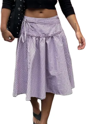 Women Plaid Maxi Skirts Y2K High Waist Vintage A-Line Pleated Gingham Academia Style Pleated Midi Skirts