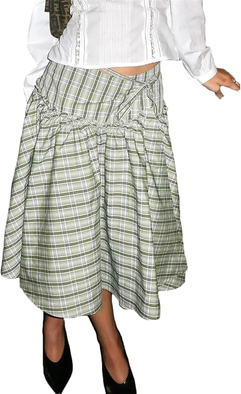 Women Plaid Maxi Skirts Y2K High Waist Vintage A-Line Pleated Gingham Academia Style Pleated Midi Skirts