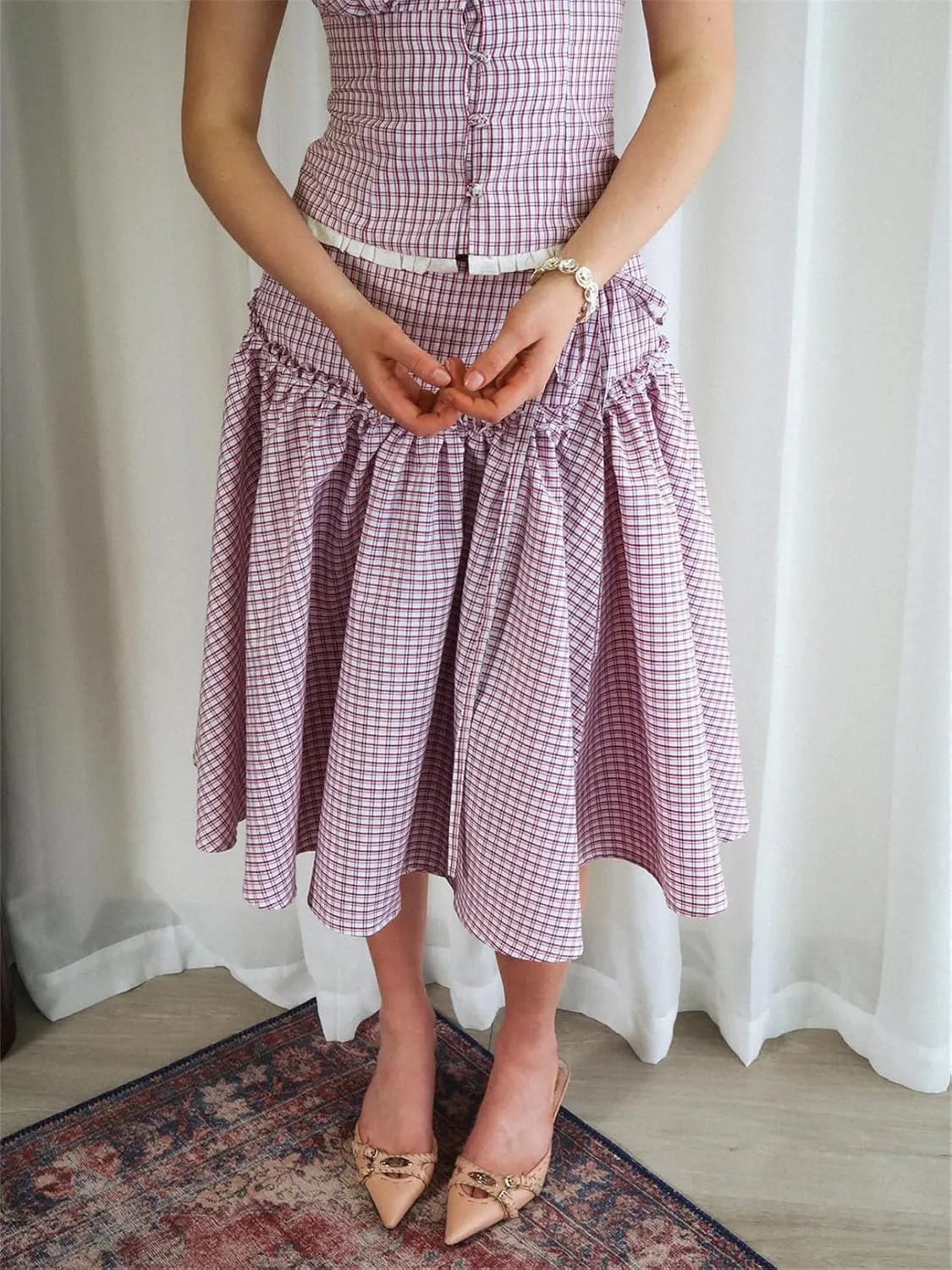 Women Plaid Maxi Skirts Y2K High Waist Vintage A-Line Pleated Gingham Academia Style Pleated Midi Skirts