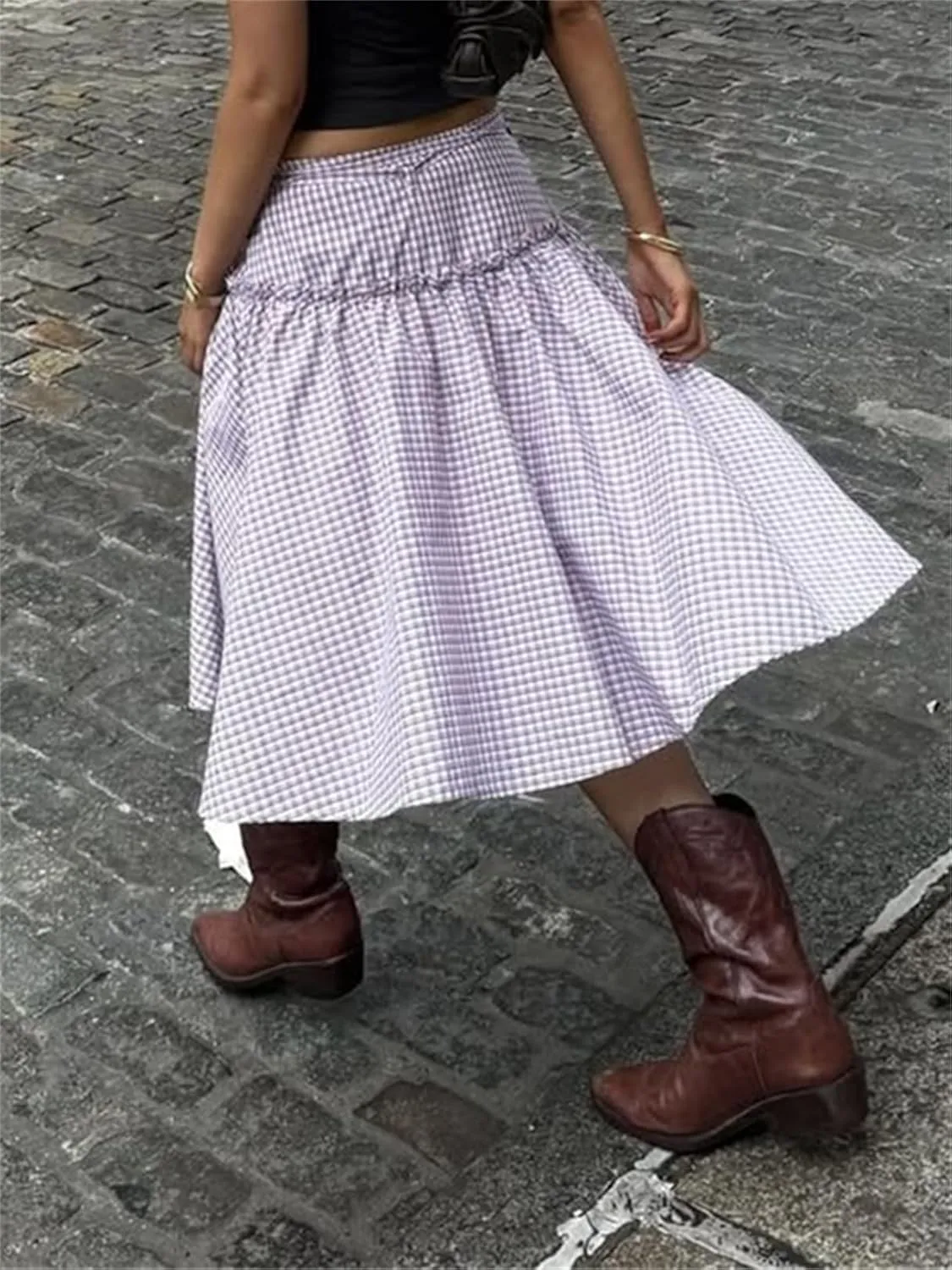 Women Plaid Maxi Skirts Y2K High Waist Vintage A-Line Pleated Gingham Academia Style Pleated Midi Skirts
