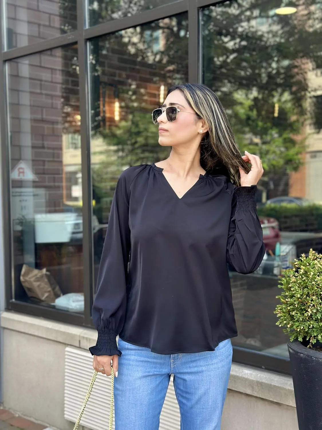 Womens Blouses Dressy Casual Fashion Smocked Long Lantern Sleeve V Neck Chiffon Shirts Tops Fall Outfits Clothes