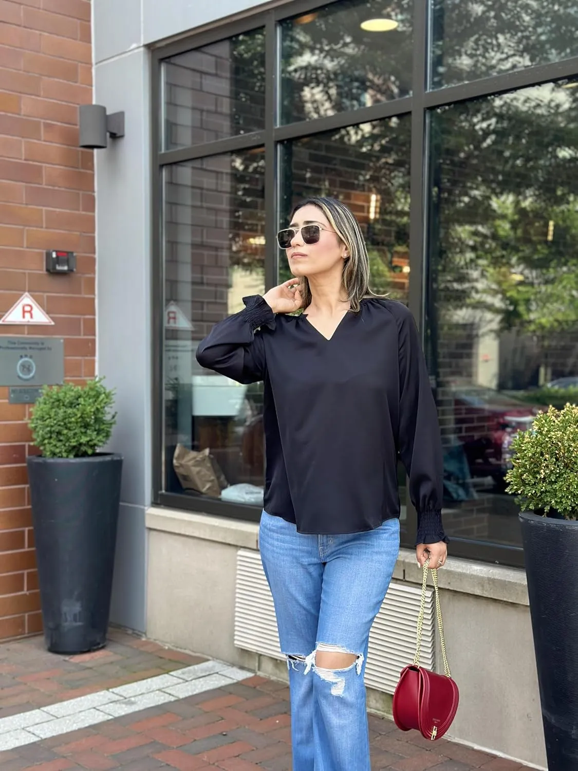 Womens Blouses Dressy Casual Fashion Smocked Long Lantern Sleeve V Neck Chiffon Shirts Tops Fall Outfits Clothes