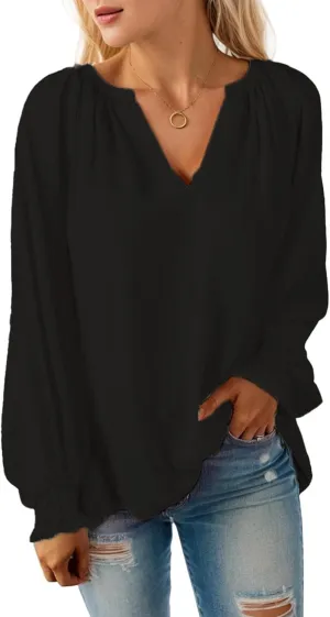 Womens Blouses Dressy Casual Fashion Smocked Long Lantern Sleeve V Neck Chiffon Shirts Tops Fall Outfits Clothes