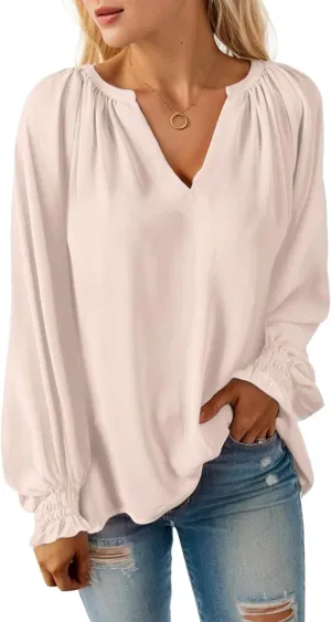 Womens Blouses Dressy Casual Fashion Smocked Long Lantern Sleeve V Neck Chiffon Shirts Tops Fall Outfits Clothes