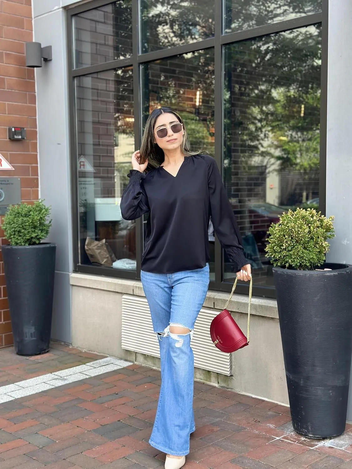 Womens Blouses Dressy Casual Fashion Smocked Long Lantern Sleeve V Neck Chiffon Shirts Tops Fall Outfits Clothes