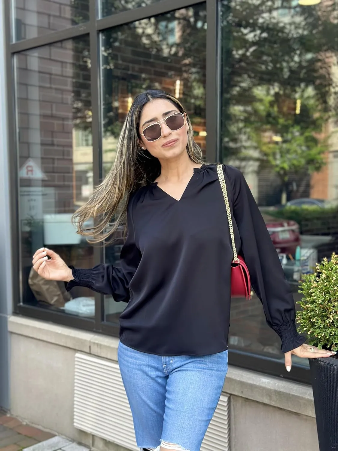 Womens Blouses Dressy Casual Fashion Smocked Long Lantern Sleeve V Neck Chiffon Shirts Tops Fall Outfits Clothes