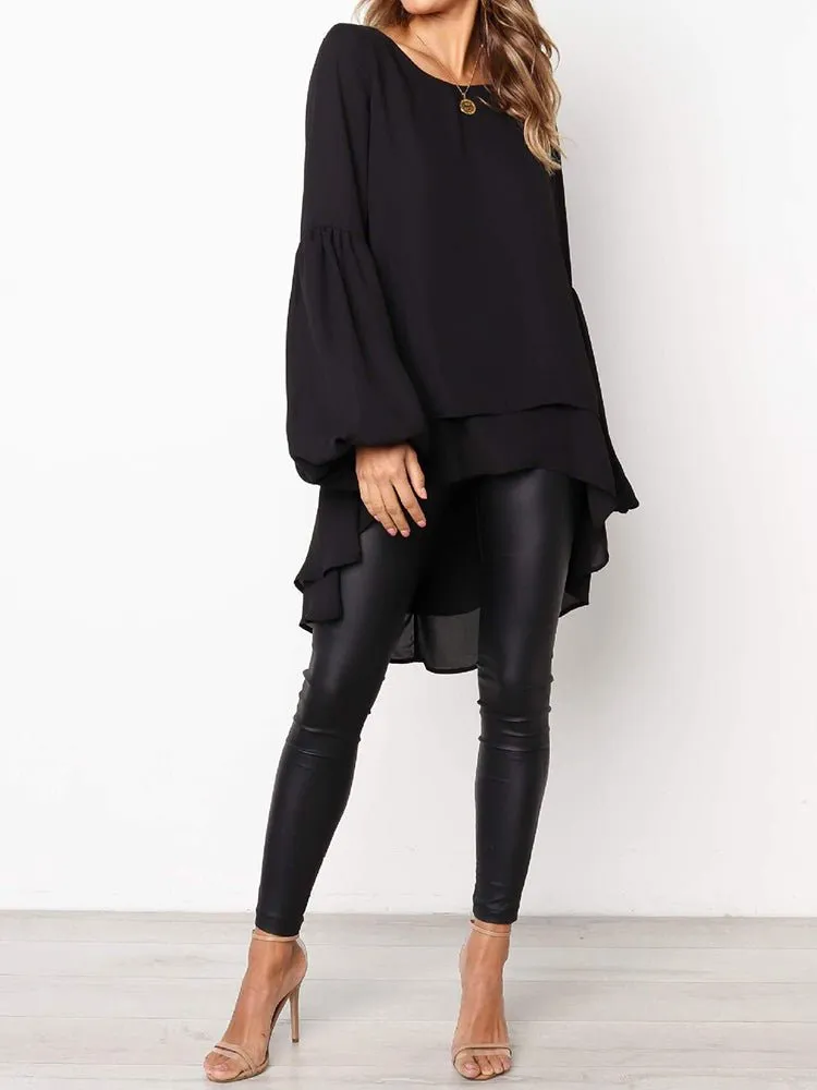 Women's  Blouses Small Fresh Pure Color Chiffon Round Neck Lantern Sleeve  Blouse