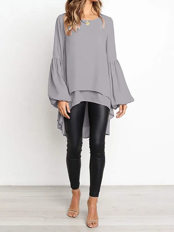 Women's  Blouses Small Fresh Pure Color Chiffon Round Neck Lantern Sleeve  Blouse