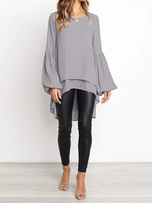 Women's  Blouses Small Fresh Pure Color Chiffon Round Neck Lantern Sleeve  Blouse