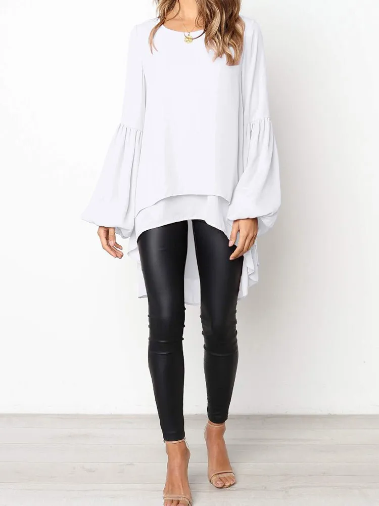 Women's  Blouses Small Fresh Pure Color Chiffon Round Neck Lantern Sleeve  Blouse