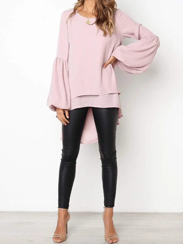 Women's  Blouses Small Fresh Pure Color Chiffon Round Neck Lantern Sleeve  Blouse