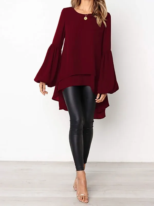 Women's  Blouses Small Fresh Pure Color Chiffon Round Neck Lantern Sleeve  Blouse