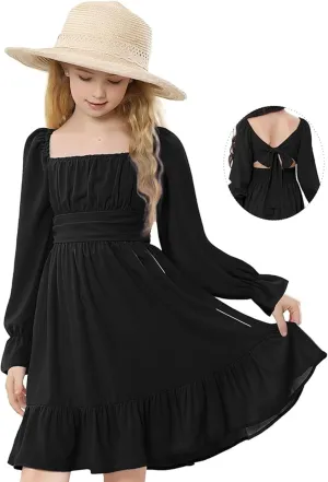 Zando Girls Dresses Long Sleeve Junior Dresses Back Tie Spring Dress for Girls 6-16 Years
